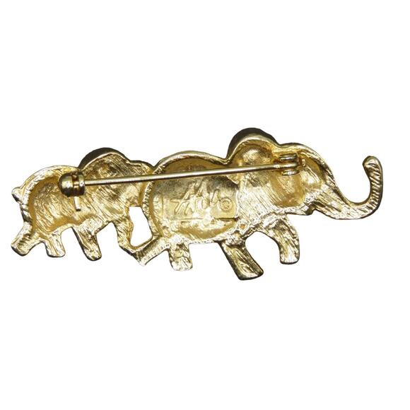 Vintage Brooch Elephant Caravan Mommy and Baby Pin Gold Tone Rhinestone AAI - Picture 2 of 7